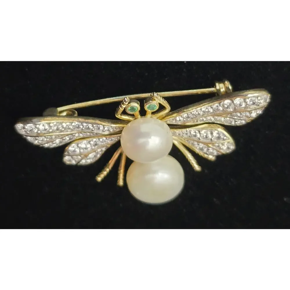 Sterling 925 Gold Plated 18k Bee Brooch Pin Cultured Pearls CZs